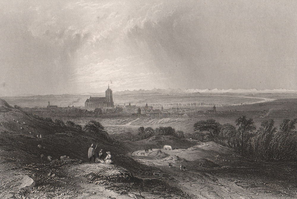 City of Ulm from the heights, Baden-Württemberg. Danube Donau. BARTLETT 1840